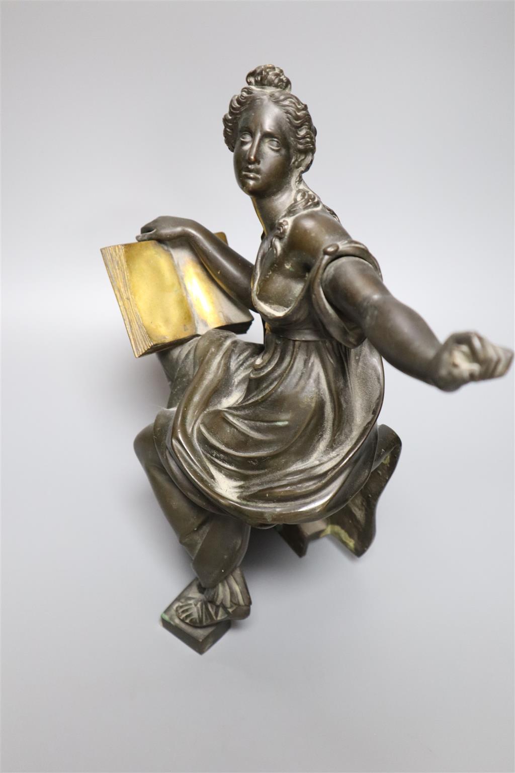 A 19th century bronze seated classical female figure emblematic of the Arts, 31cm (fault)